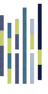 Six vertical fabric swatches showing two-color block designs in blue, teal, navy, and lime green colorways.