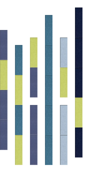 Six vertical fabric swatches showing two-color block designs in blue, teal, navy, and lime green colorways.
