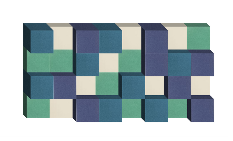 Modular wall art with interlocking geometric blocks in teal, navy, cream, and green.