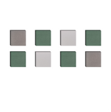 Eight fabric swatches arranged in two rows displaying gray, light gray, and green color options.