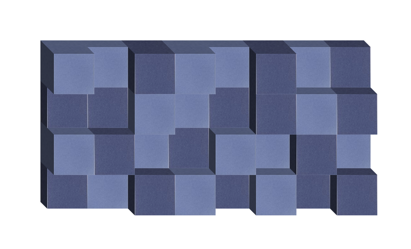 Three-dimensional geometric composition with interlocking cubes in shades of blue and dark blue arranged in an abstract patte