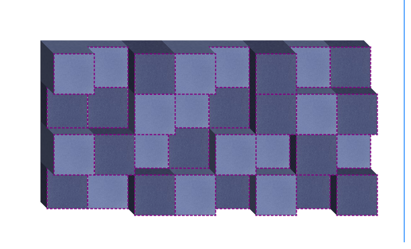 Three-dimensional geometric composition with purple and blue gradient squares arranged in offset rows.
