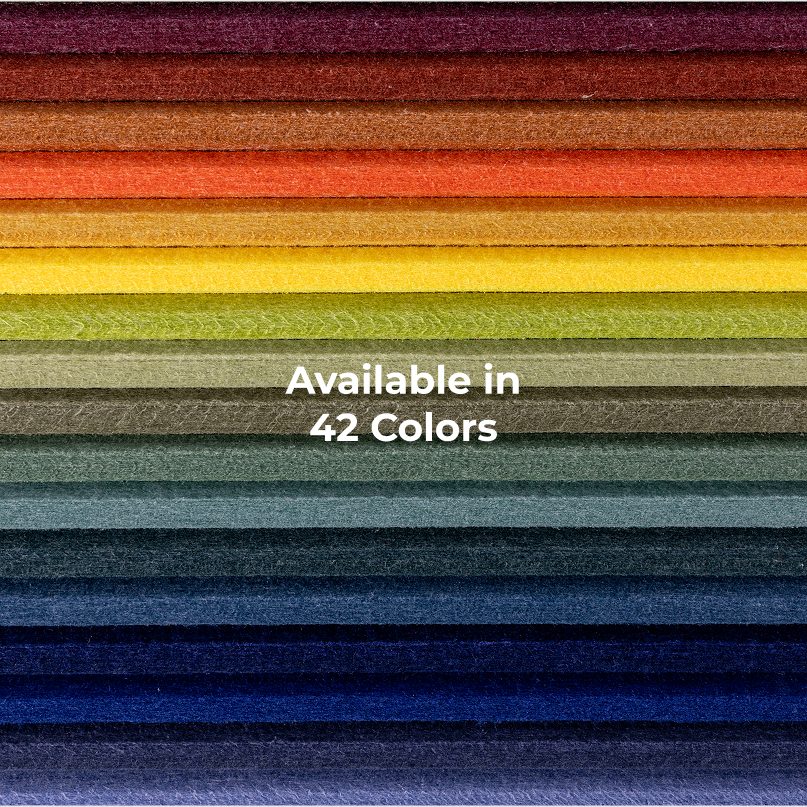 A stacked array of textured fabric swatches in many different colors, with white text in the center reading 'Available in 42 Colors'.