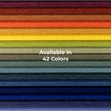 A stacked array of textured fabric swatches in many different colors, with white text in the center reading 'Available in 42 Colors'.