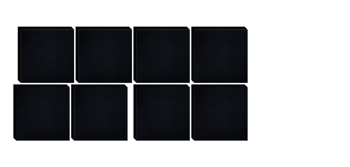 Eight black rounded square tiles arranged in two rows of four.