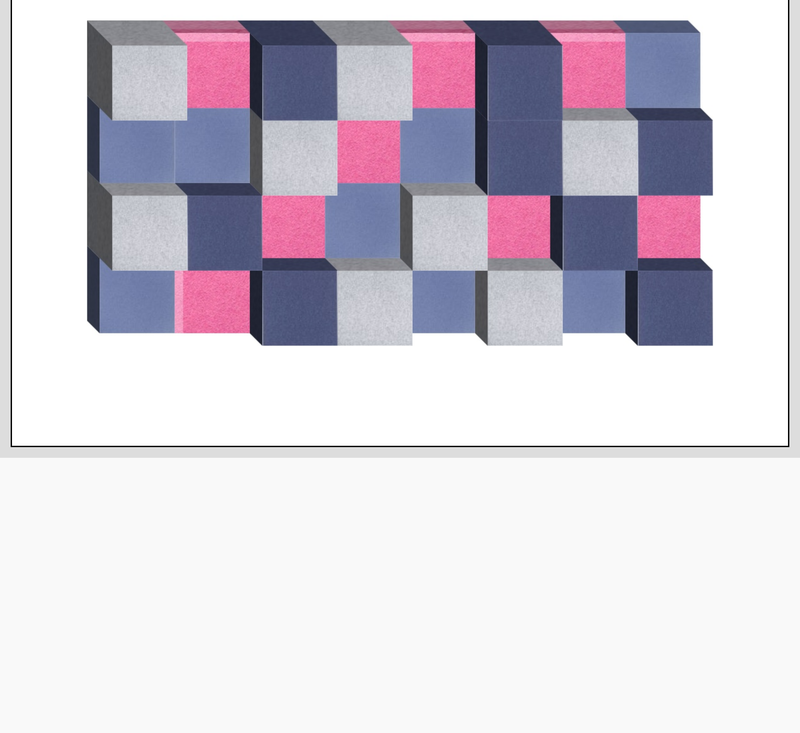 Three-dimensional geometric block pattern in pink, navy, gray, and light gray arranged in a checkerboard composition.