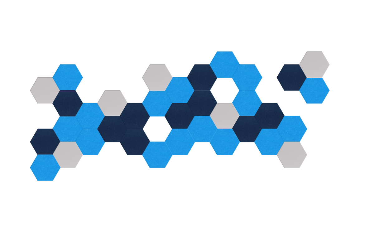 Abstract hexagonal pattern in blue, navy, and gray arranged in a horizontal cluster.