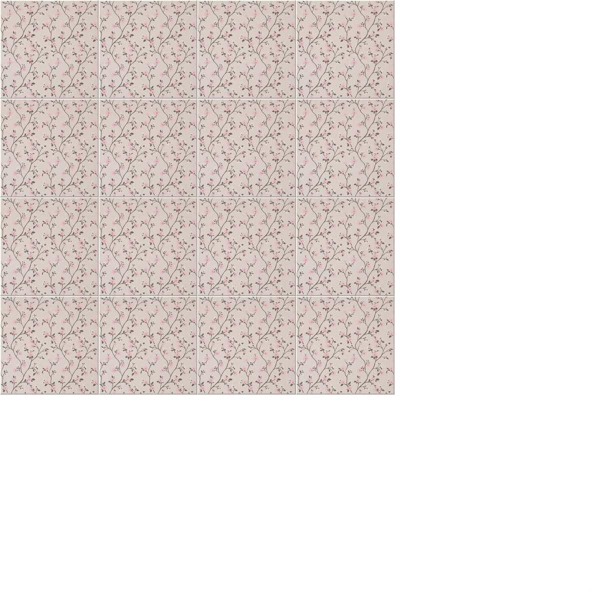 Beige tiles with small delicate flowers and branching stems in burgundy throughout repeating pattern.