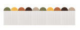 White vertical stripe panel with ten colored circular tops in olive, gold, rust, brown, and taupe.
