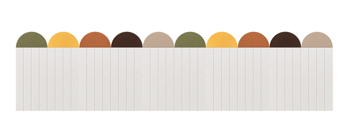 White vertical stripe panel with ten colored circular tops in olive, gold, rust, brown, and taupe.