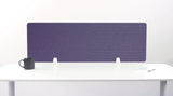 Purple desk divider with geometric arc pattern, standing on white desk with supporting brackets.