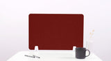 Burgundy desk divider with wave cutout design and white mounting feet, displayed on white surface.