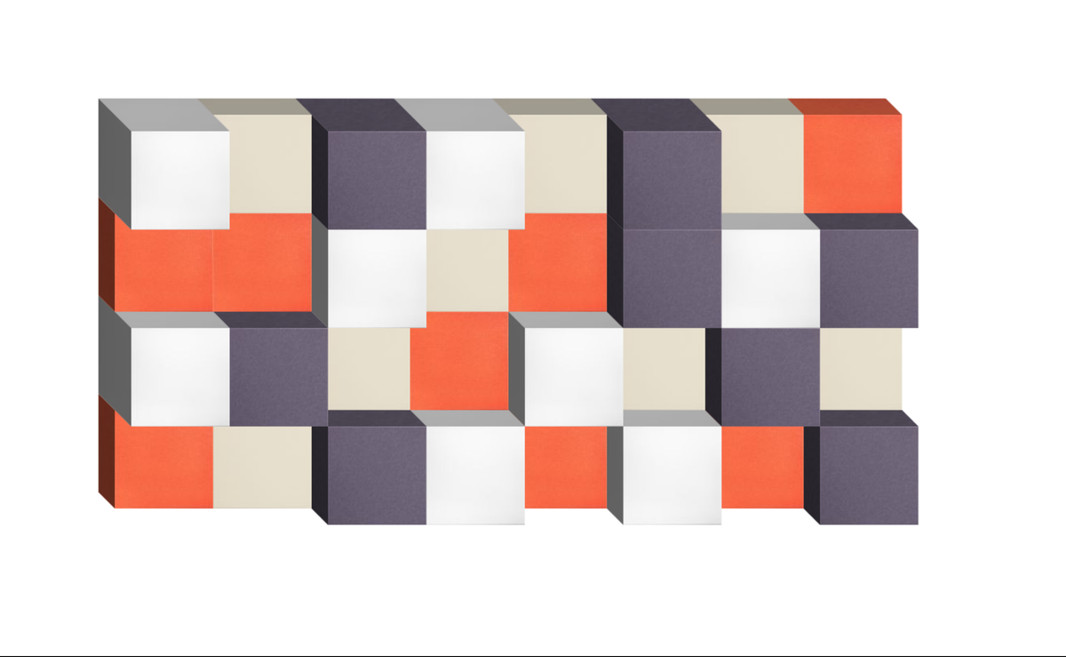 3D geometric wall art with interlocking cubes in coral, purple, white, and beige.