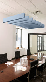 Light blue felt acoustic beams suspended from ceiling in staggered arrangement above conference table.