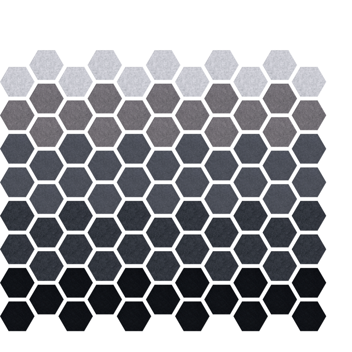 Grey ombre hexagonal tiles arranged in honeycomb pattern with white spacing between tiles.