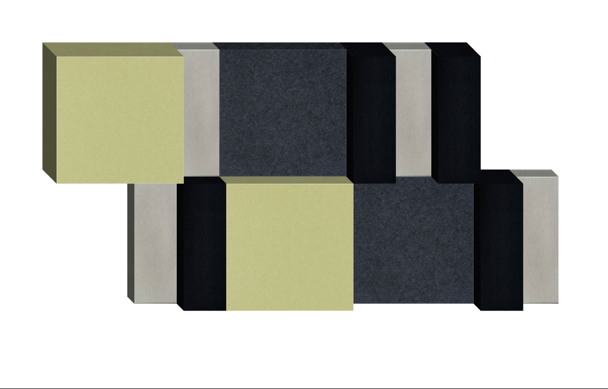 3D geometric design with interlocking rectangular blocks in pale yellow, charcoal gray, black, and light gray.