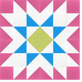 Geometric quilt pattern with pink, blue, and yellow-green triangular and diamond shapes on white background.