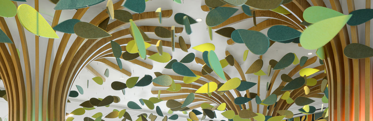 Custom Felt Right project of hanging acoustic felt leaves in various shades of green
