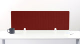 Burgundy grid desk divider panel with rounded corners mounted on white desk with mug and notepad.