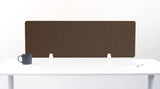 Brown grid-patterned desk divider with white mounting brackets on white desktop surface.