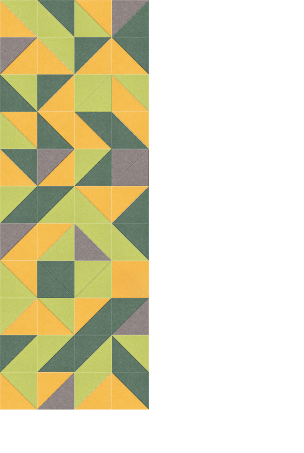 Geometric patchwork pattern in yellow, lime green, teal, and gray triangular tiles arranged in repeating rows.