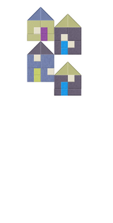 Abstract geometric house design with four overlapping structures in blue, green, purple, and gray with colored window accents
