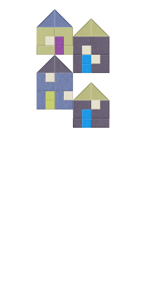 Abstract geometric house design with four overlapping structures in blue, green, purple, and gray with colored window accents