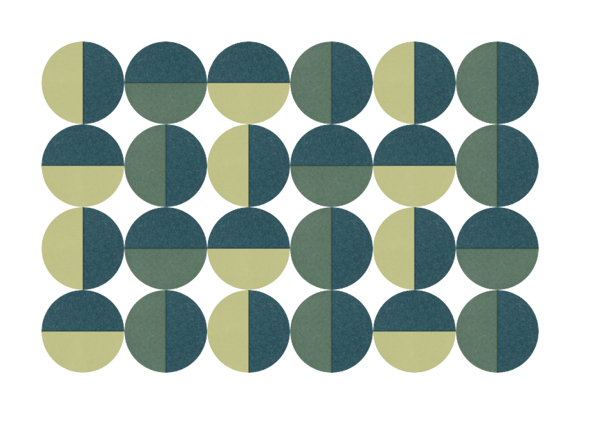 Geometric pattern of 24 circles in olive green and teal with vertical dividing lines creating half-circle color blocks.