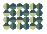 Geometric pattern of 24 circles in olive green and teal with vertical dividing lines creating half-circle color blocks.