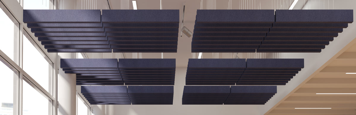 Navy acoustic felt beams in a modern commercial setting