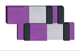 3D geometric composition with interlocking purple, gray, and black rectangular blocks arranged in offset rows.