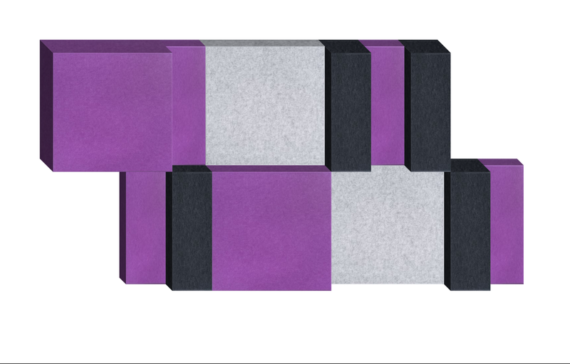 3D geometric composition with interlocking purple, gray, and black rectangular blocks arranged in offset rows.