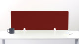 Dark red desk divider with rounded corners mounted on white desk with cup and notepad nearby.