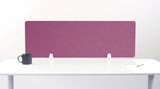 Purple desk divider with chevron quilted pattern mounted on white desk with support brackets.