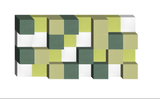 3D geometric mosaic pattern with interlocking cubes in shades of green, yellow, and white.
