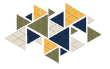 Geometric 3D isometric composition with interlocking triangles in gold, navy, olive, and cream.