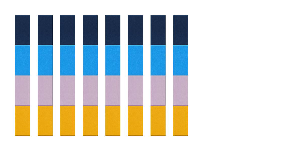 Eight stacked color-block rectangles in dark blue, bright blue, mauve, and golden yellow horizontal stripes.