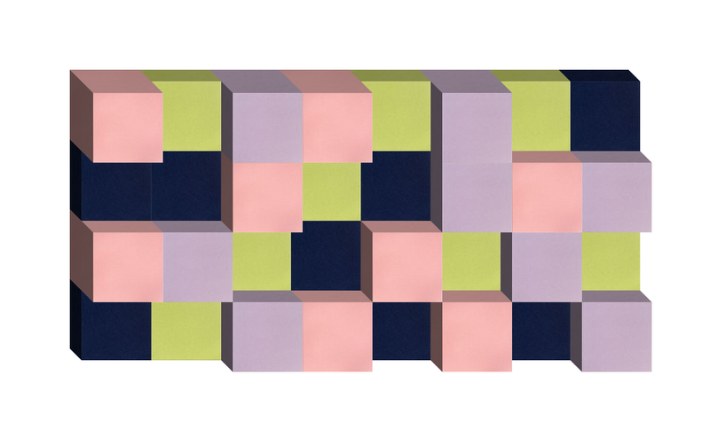 Abstract 3D geometric design with colorful pixelated blocks in pink, lime, lavender, and navy arranged in a pattern.