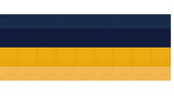 Rectangular agricultural building with blue top section, gold middle band, and tan bottom section with grid panel divisions.