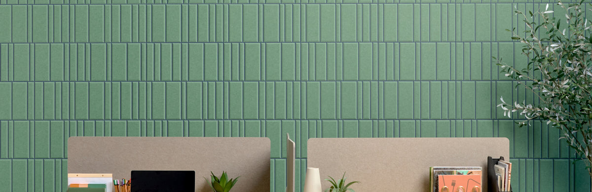 Green and blue engraved patterned acoustic felt wall paneling
