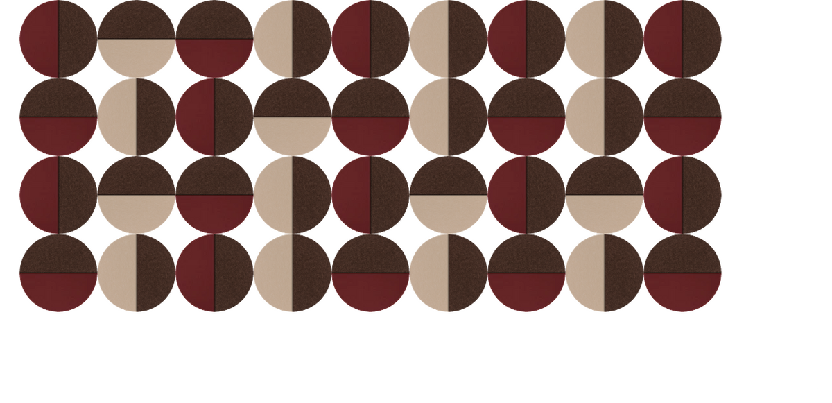 Geometric pattern of divided circles in burgundy, brown, and cream arranged in rows.
