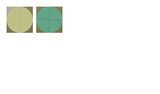 Two square tiles with pale yellow and teal circles divided into four equal quadrants.