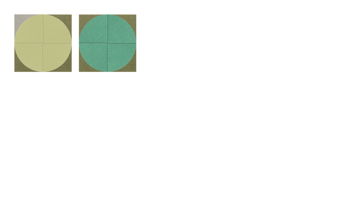 Two square tiles with pale yellow and teal circles divided into four equal quadrants.