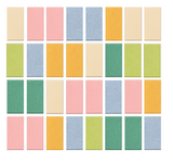 Grid of 32 colored squares in shades of pink, blue, yellow, green, and beige arranged in four rows.
