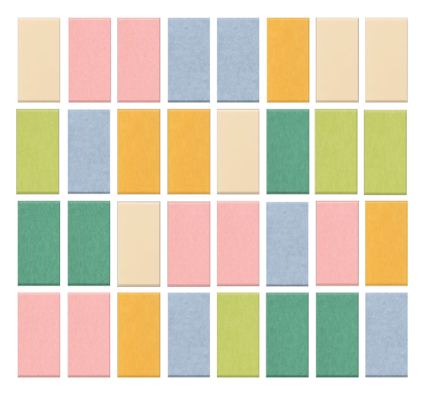 Grid of 32 colored squares in shades of pink, blue, yellow, green, and beige arranged in four rows.