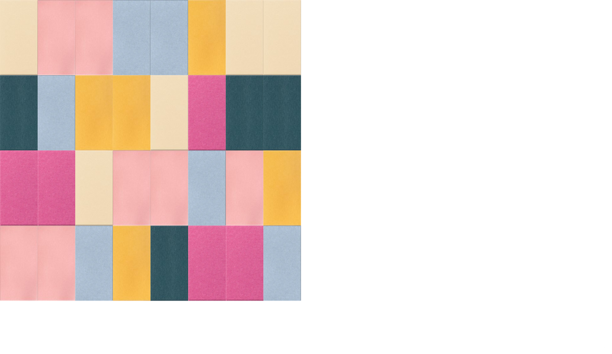 Colorful mosaic pattern with rectangular tiles in pink, blue, yellow, cream, and teal arranged in horizontal halflap rows.