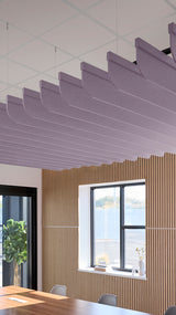 Light purple acoustic ceiling blade baffles suspended from the ceiling, installed in a conference room. Felt Right's acoustic blade baffles absorb 65% of sound waves, making office spaces quieter and feel more calm.