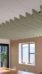Soft green acoustic ceiling blade baffles suspended from the ceiling, installed in a conference room. Felt Right's acoustic blade baffles absorb 65% of sound waves, making office spaces quieter and feel more calm.