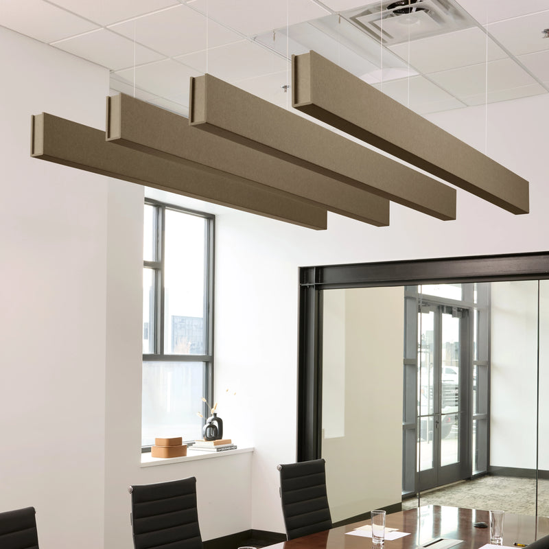 8 ft felt ceiling beams in gray above a conference room