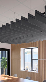 Multiple black straight acoustic blade baffles suspended horizontally from ceiling in modern office space.